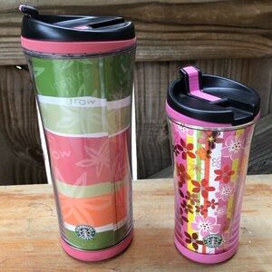 Set of 2 Starbucks 2007 Pink & Green Floral Acrylic Tumblers & Lids 8oz & 16oz